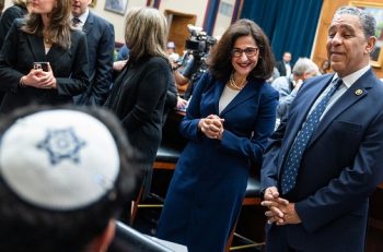 UNITED STATES - APRIL 17: Minouche Shafik, president of Columbia University, and Rep. Adriano Espaillat, D-N.Y., right, talk with students from Columbia before the House Education and the Workforce Committee hearing titled "Columbia in Crisis: Columbia University's Response to Antisemitism," in Rayburn building on Wednesday, April 17, 2024. (Tom Williams/CQ-Roll Call, Inc via Getty Images)
